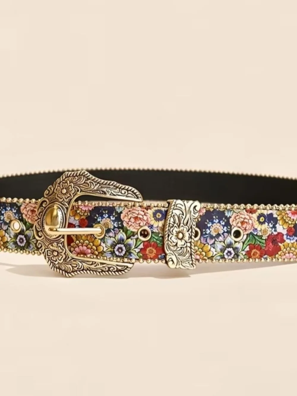 Floral Embellished Women's Belt with Antique Gold Buckle